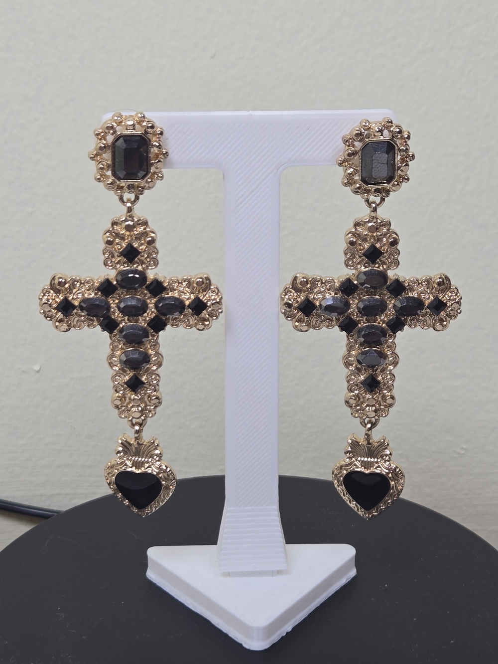 Women’s Gold-Tone Cross Drop Earrings with Black Stones